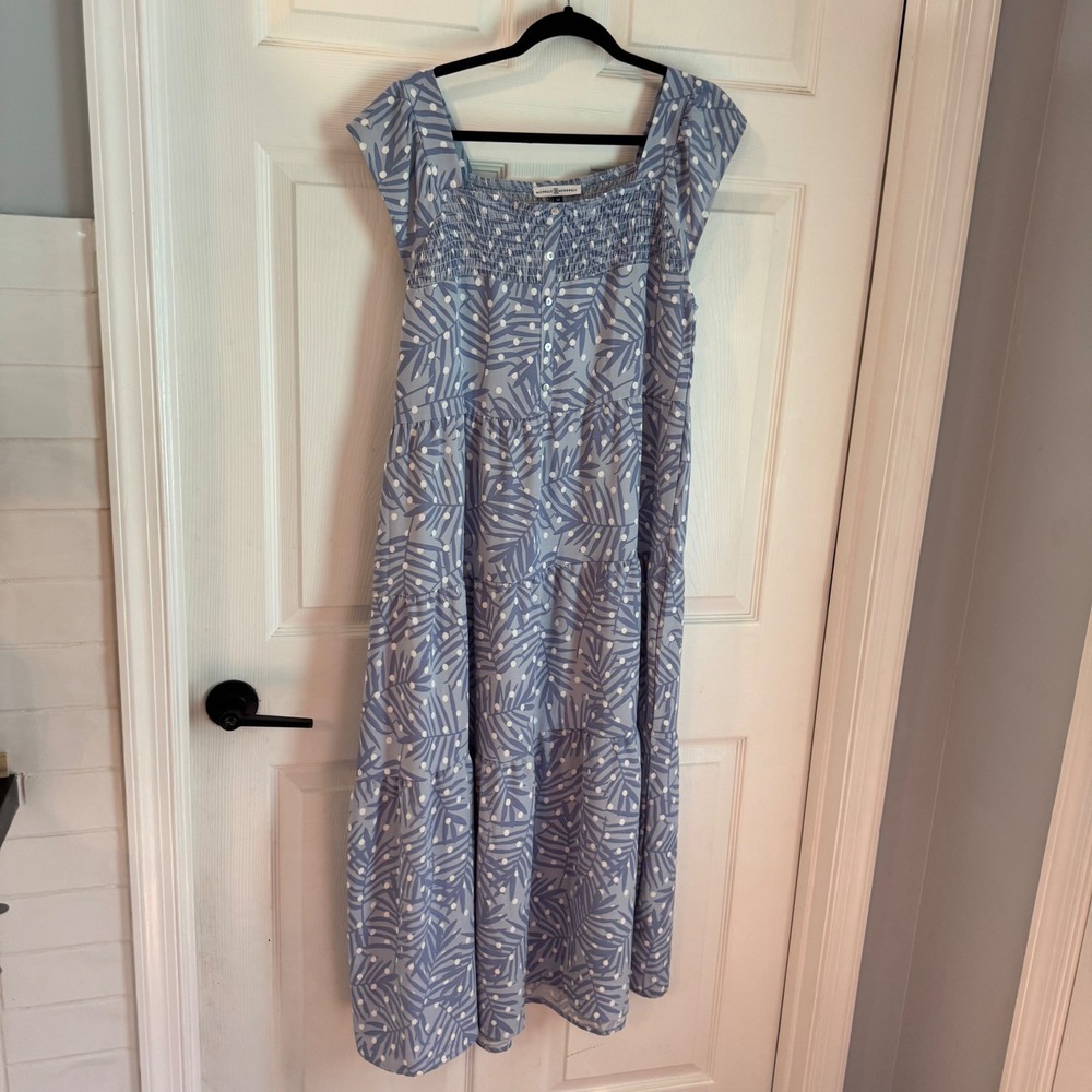 Michelle McDowell Maxi Dress Womens Medium Blue Palm Dot Smocked Tiered Flutter